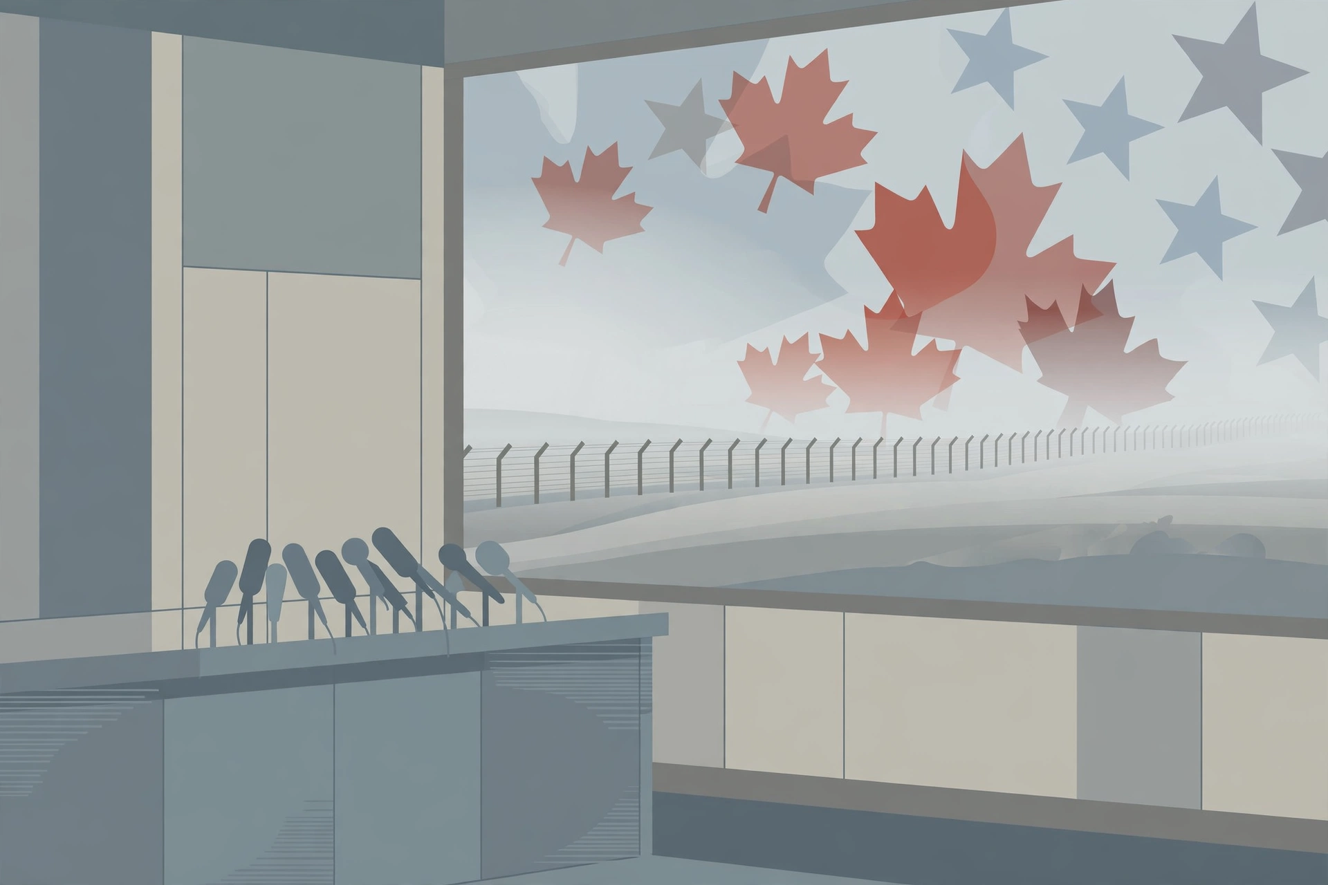 Editorial illustration of an empty press briefing room with a border fence in fog
