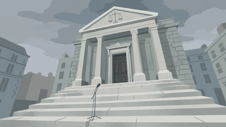 Illustration of a courthouse with a microphone stand on its steps