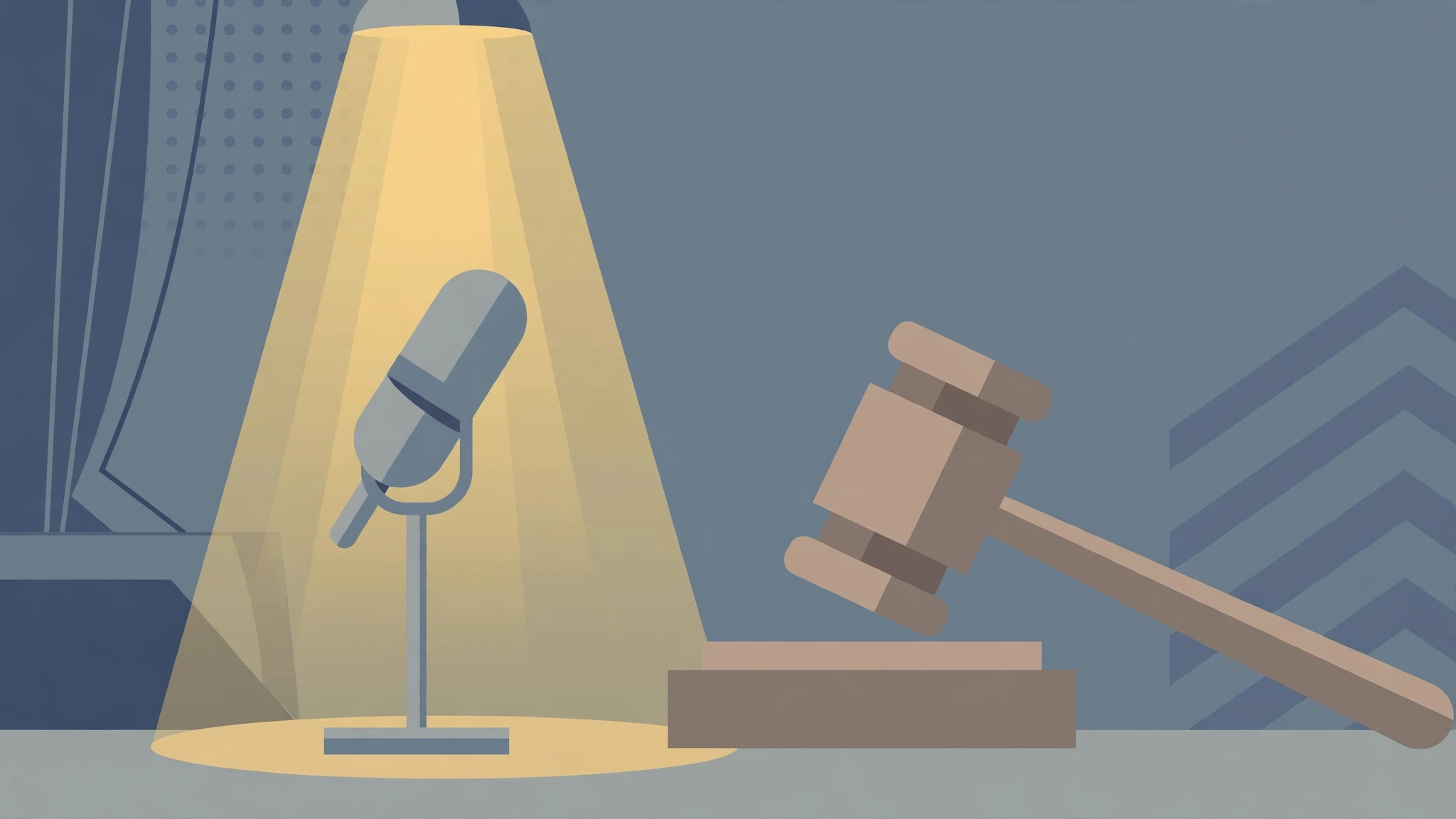 Illustration of a stage microphone under a spotlight beside a judge's gavel