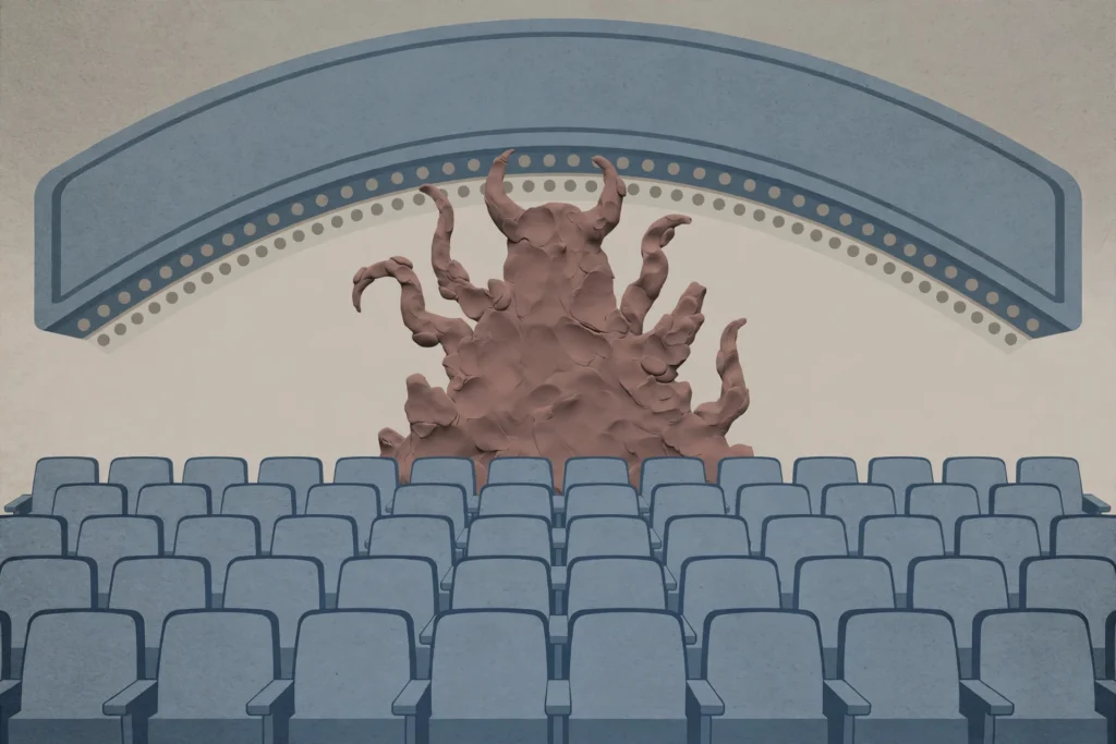 Editorial illustration of a clay figure silhouette in front of a cinema marquee and rows of theatre seats
