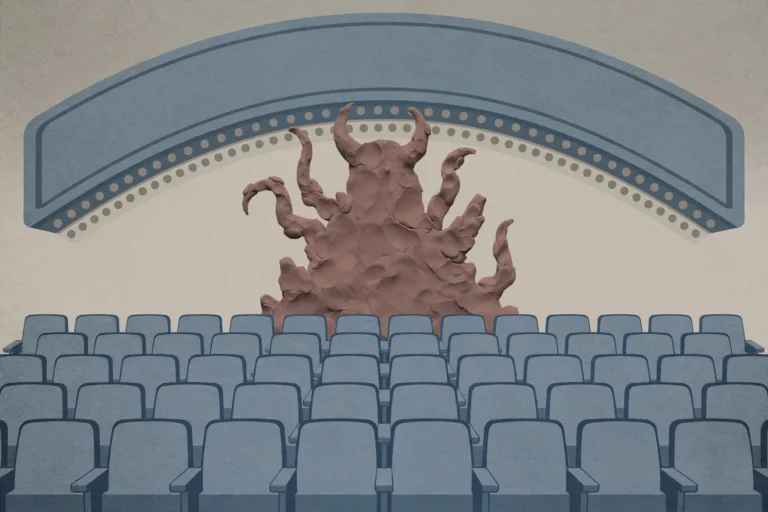 Editorial illustration of a clay figure silhouette in front of a cinema marquee and rows of theatre seats