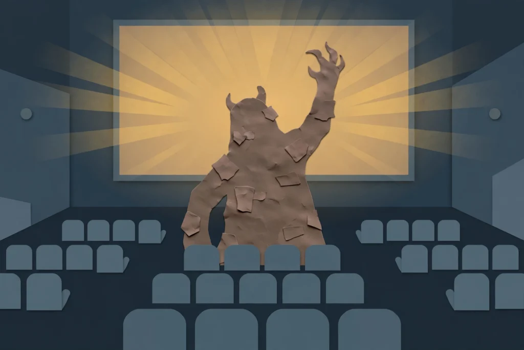 Illustration of a clay figure in a cinema