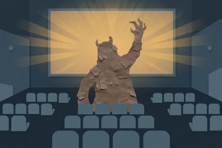 Illustration of a clay figure in a cinema