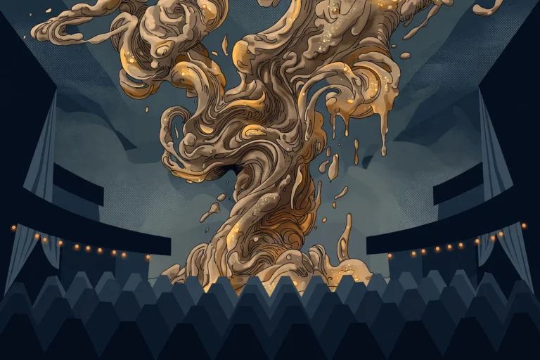 Editorial illustration of a morphing clay figure rising over a dark cinema auditorium