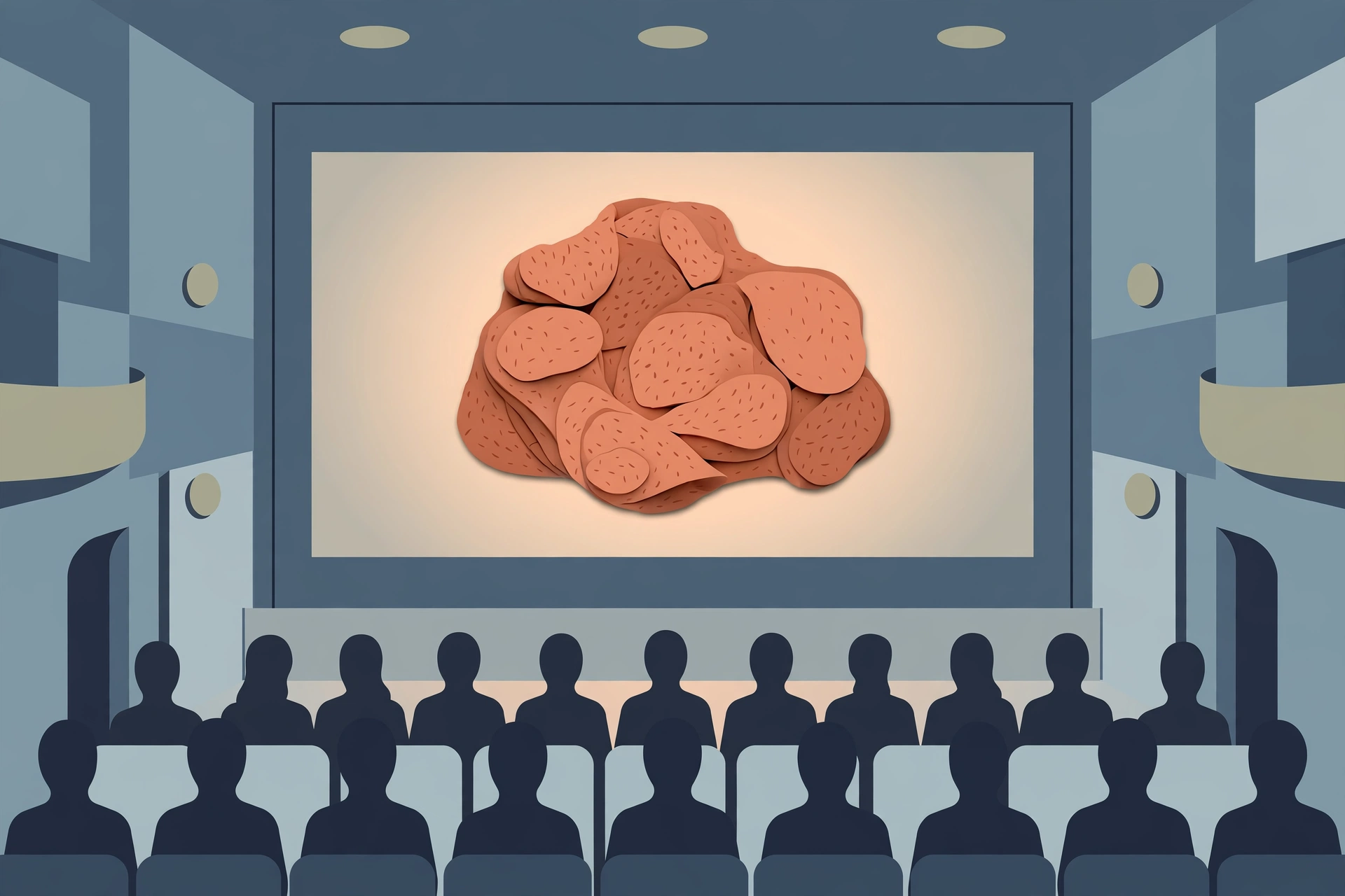 Editorial illustration of a cinema interior with an abstract clay shape on screen and a silhouetted audience