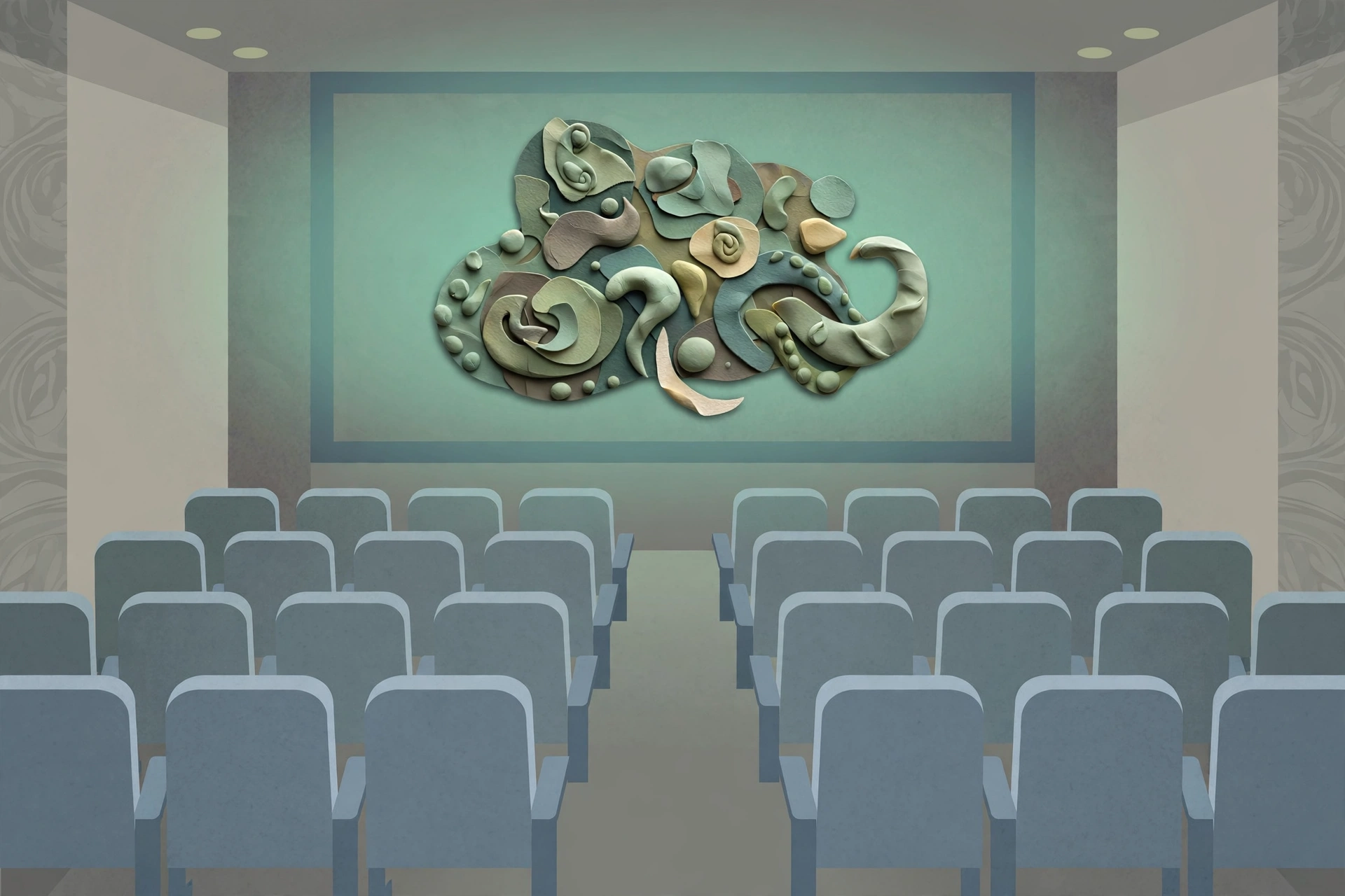 Illustration of cinema seats facing a screen with a clay shape