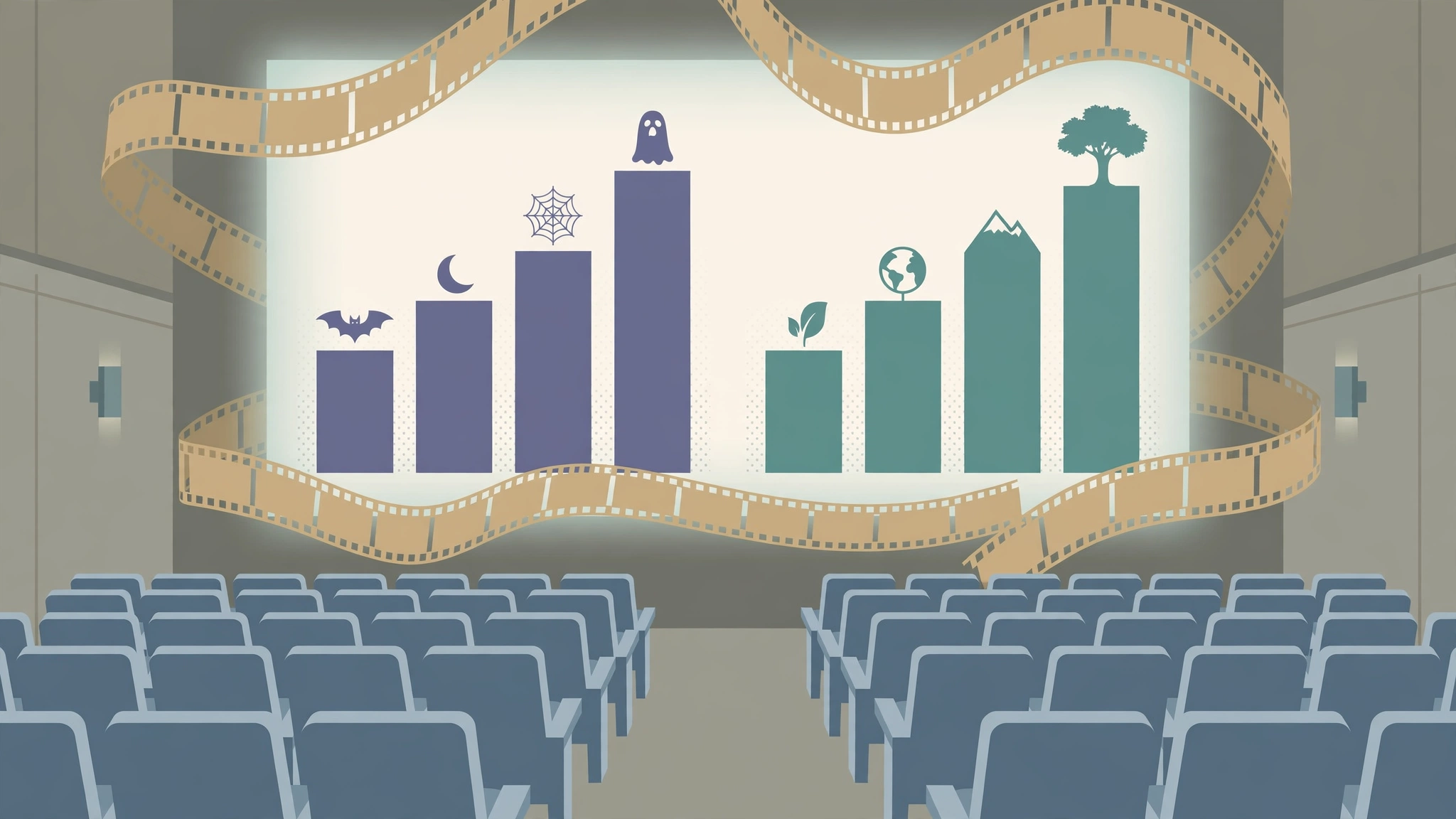 Editorial illustration of cinema seats, film strips and a bar chart on a screen