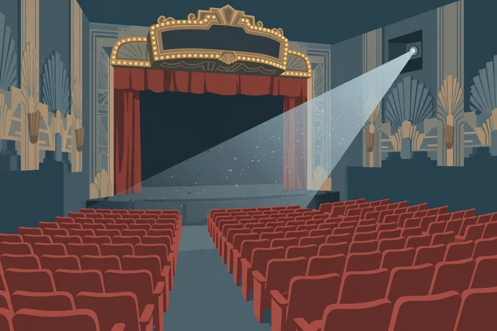 Illustration of a classic cinema auditorium with a projector beam