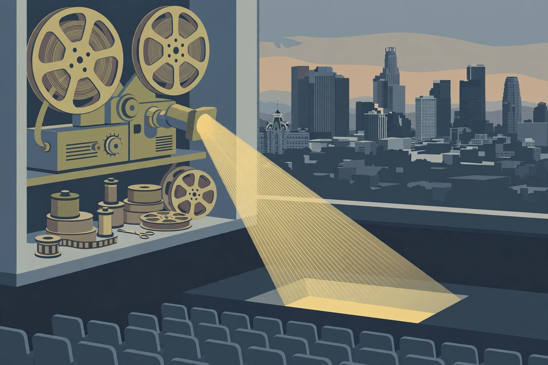 Illustration of a film projector and a city skyline