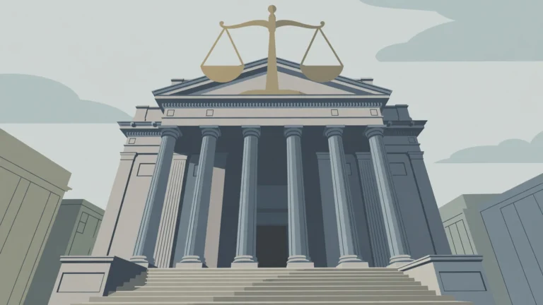 Editorial illustration of a courthouse with scales of justice