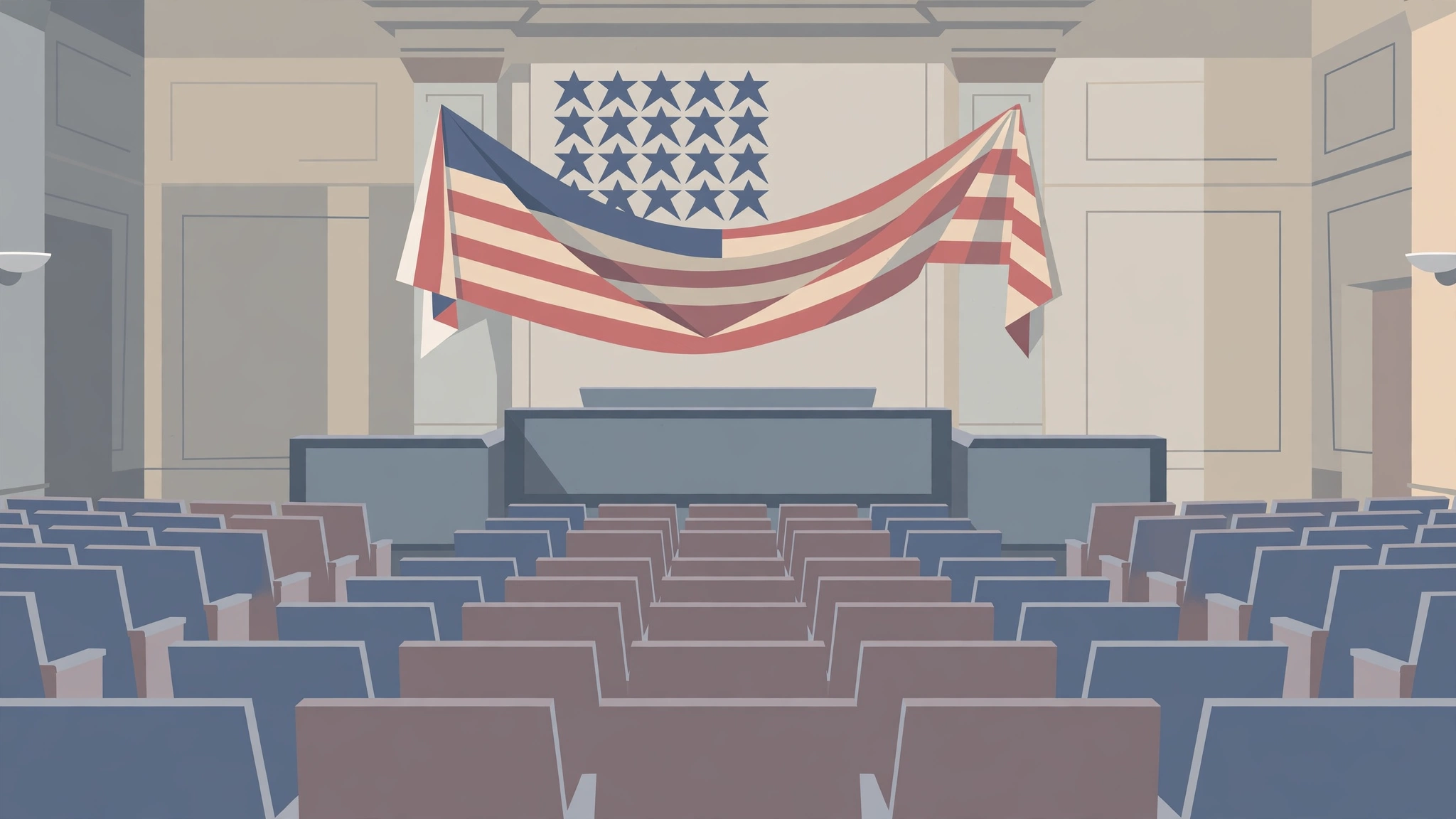 Editorial illustration of an empty courtroom