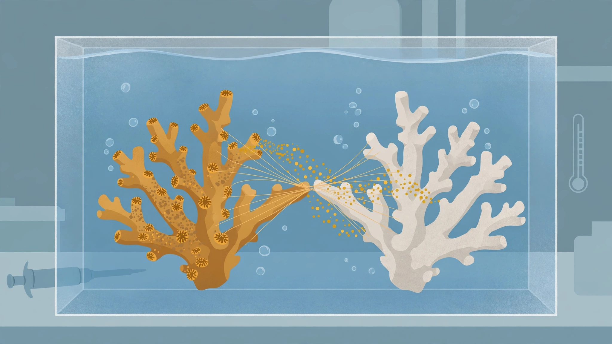 Illustration of two coral fragments touching in a lab tank, transferring algae