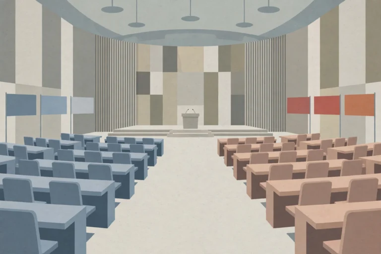 Illustration of an assembly hall with two delegations facing each other