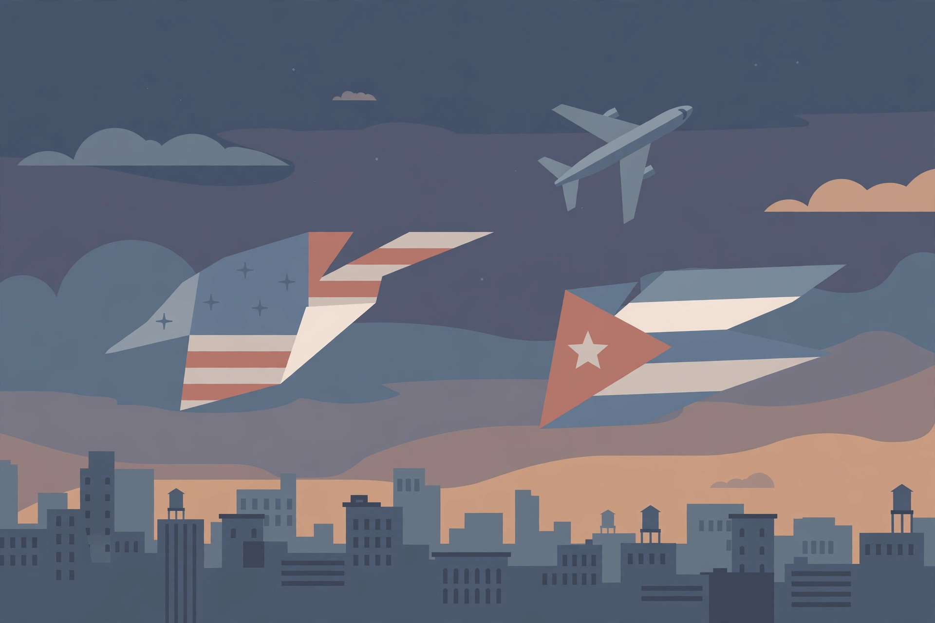 Illustration of an aeroplane departing over a city skyline