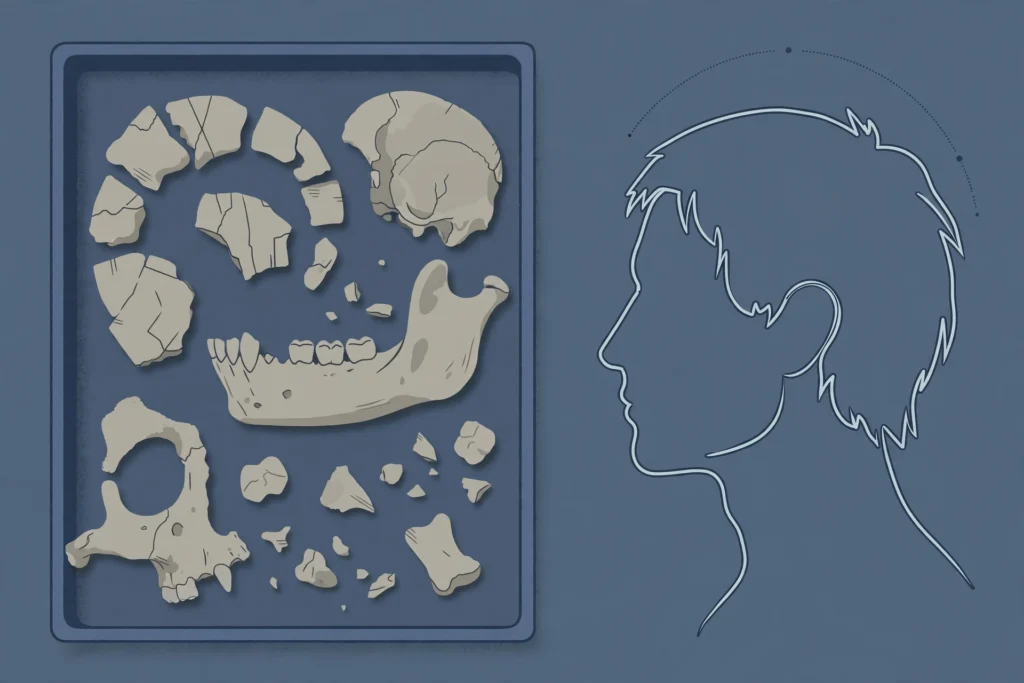Editorial illustration of Denisovan fossil fragments and an artist's profile reconstruction