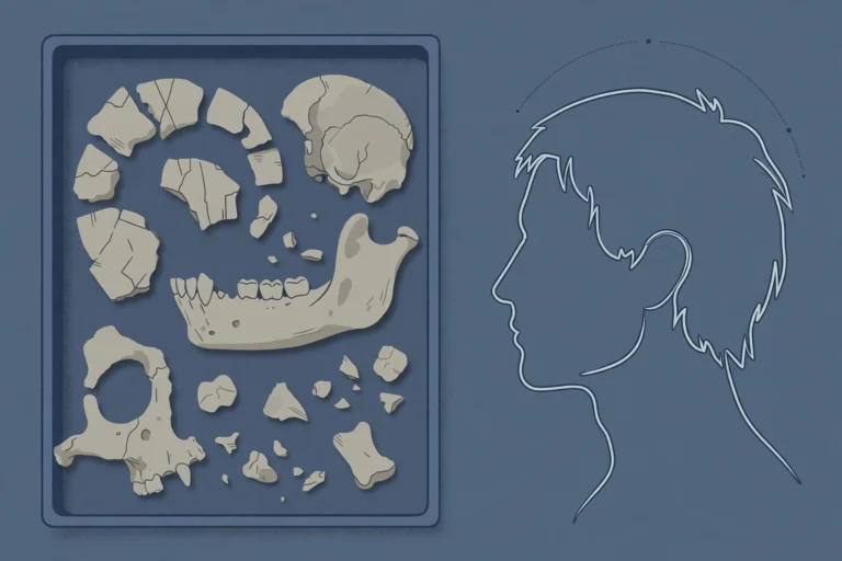 Editorial illustration of Denisovan fossil fragments and an artist's profile reconstruction