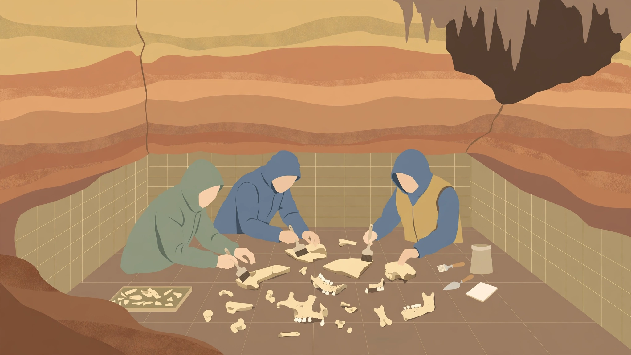Editorial illustration of a stylised excavation of ancient human fossils