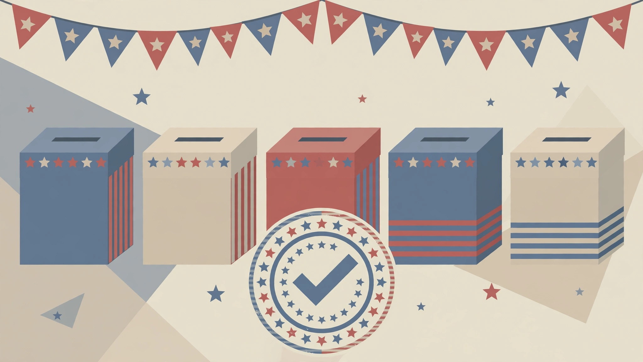 Illustrated ballot boxes with a voter checkmark seal in stars and stripes colours
