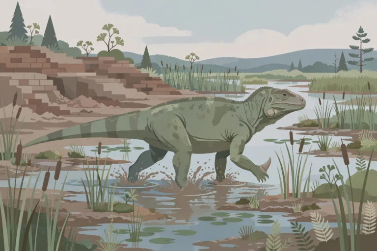 Illustration of a plant-eating dinosaur wading through prehistoric wetlands