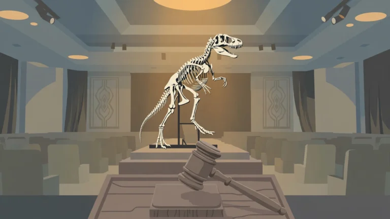Editorial illustration of a small tyrannosaur skeleton on display in an auction hall with a gavel