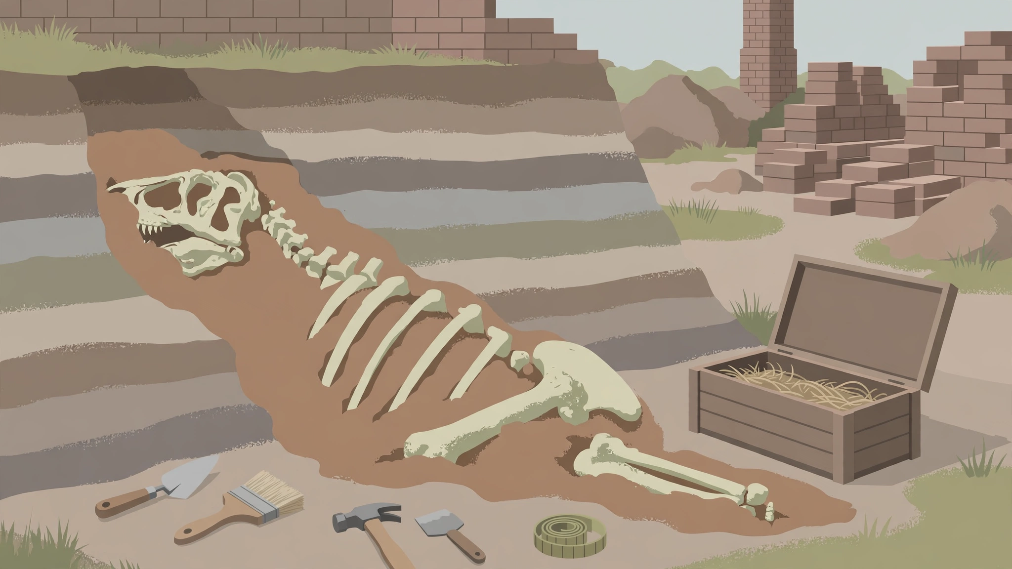 Illustration of dinosaur fossil bones exposed in clay layers at a brickworks dig site