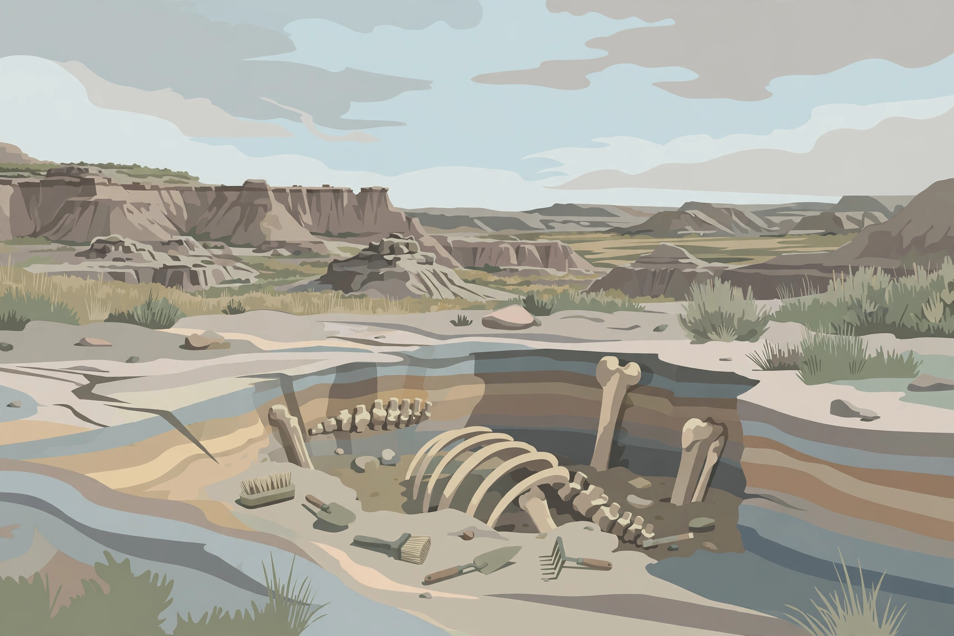Editorial illustration of a dinosaur fossil dig site in rocky badlands