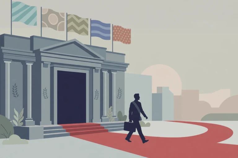 Illustration of a diplomat walking away from a grand summit building
