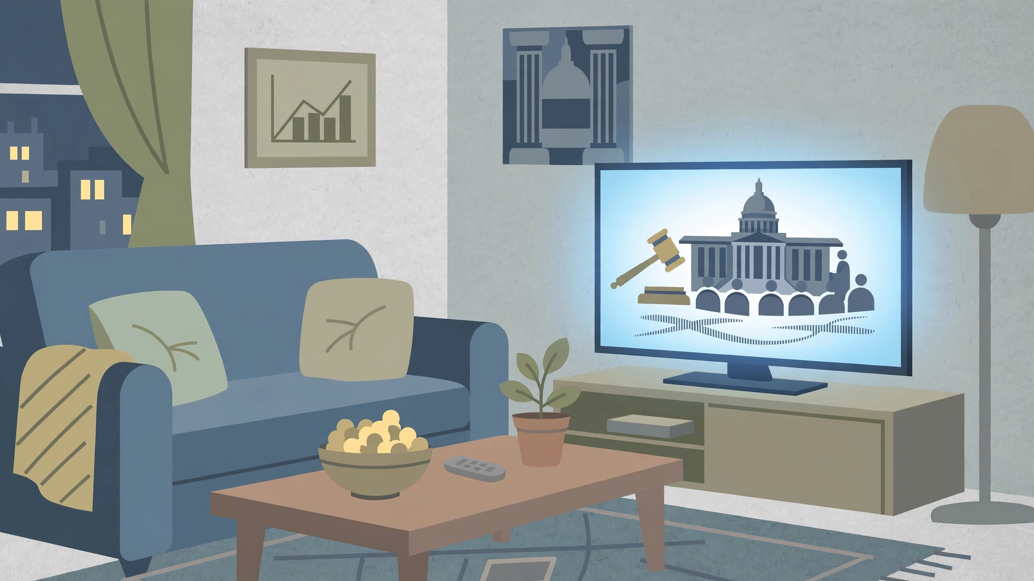 Illustration of a living room with a political drama on television