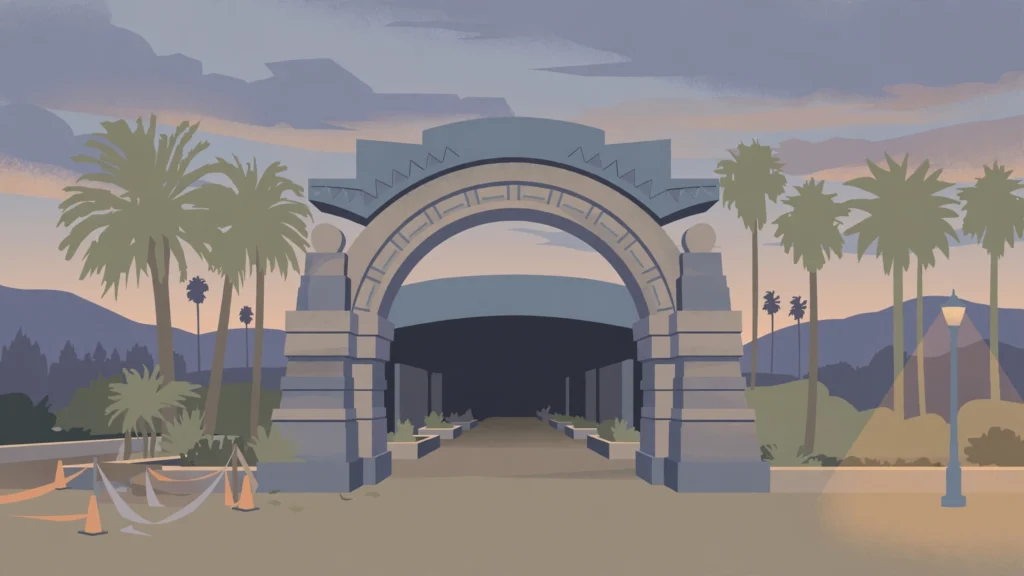 Editorial illustration of an arched theme park entrance with palm trees at dusk