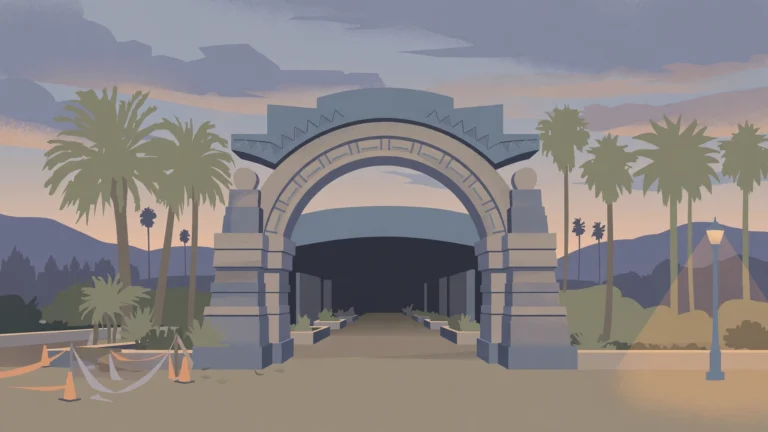 Editorial illustration of an arched theme park entrance with palm trees at dusk