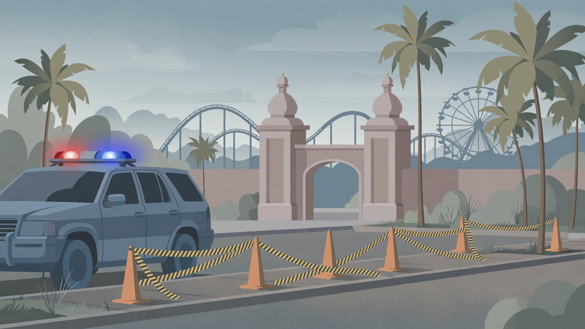 Editorial illustration of a police vehicle and cordoned-off sidewalk near a theme park gate