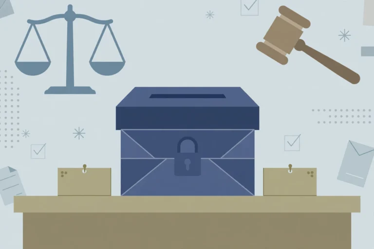 Editorial illustration of a ballot box, scales of justice and gavel