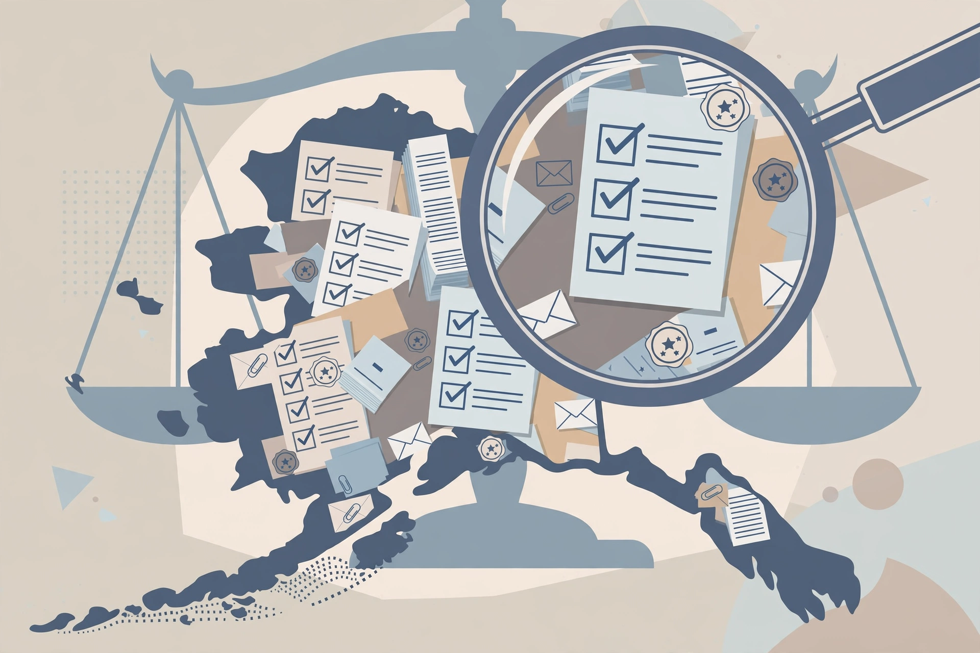Editorial illustration of Alaska map with ballots under a magnifying glass