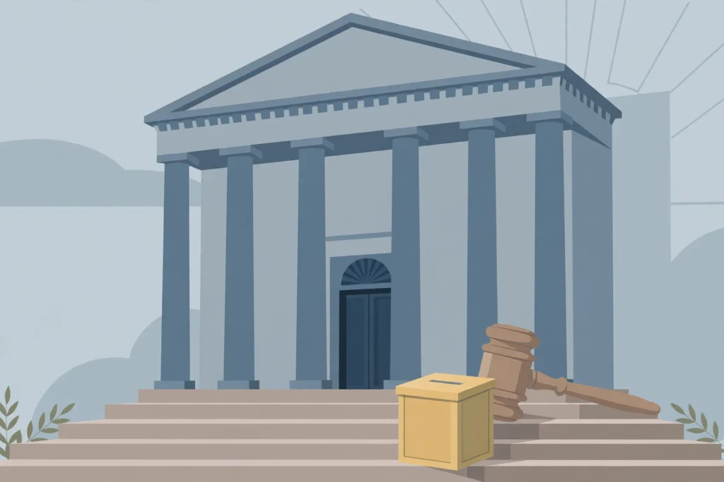 Illustration of a courthouse with a ballot box and gavel on its steps