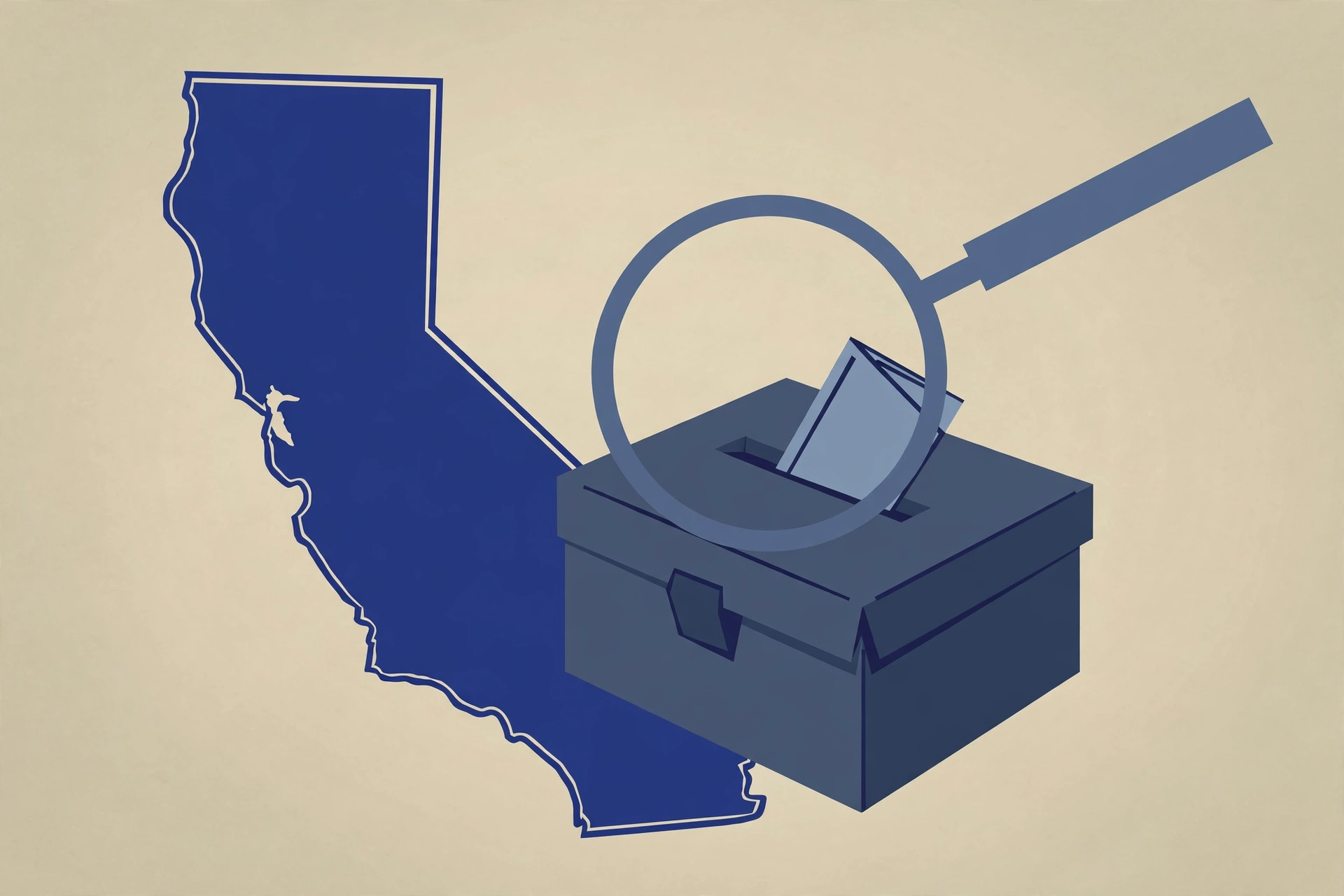 Illustration of a California map with a ballot box and magnifying glass