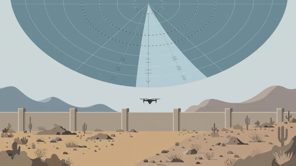 Editorial illustration of a drone over a desert border wall beneath a restricted-airspace radar sweep