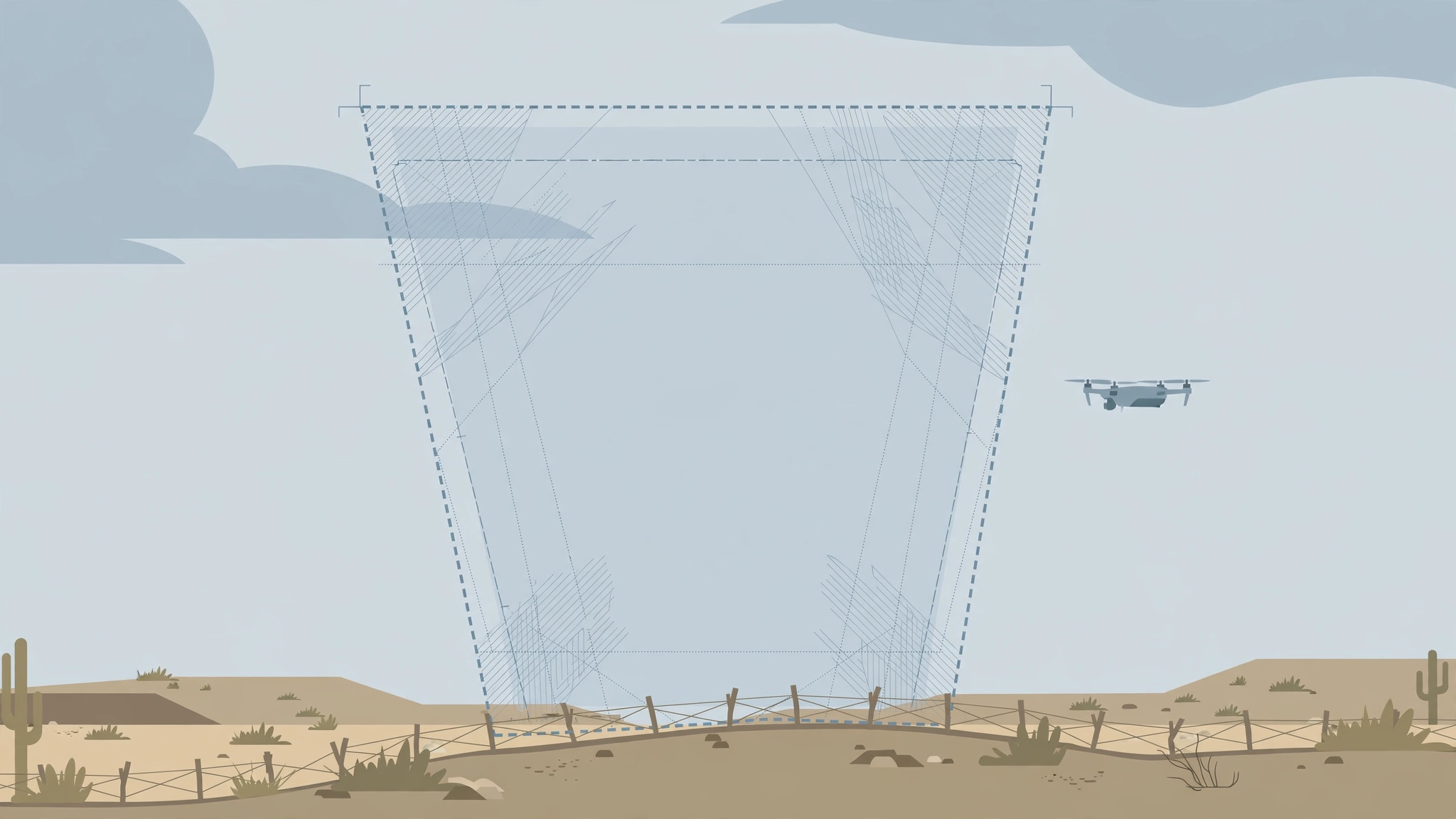 Editorial illustration of a restricted airspace zone above a desert border fence