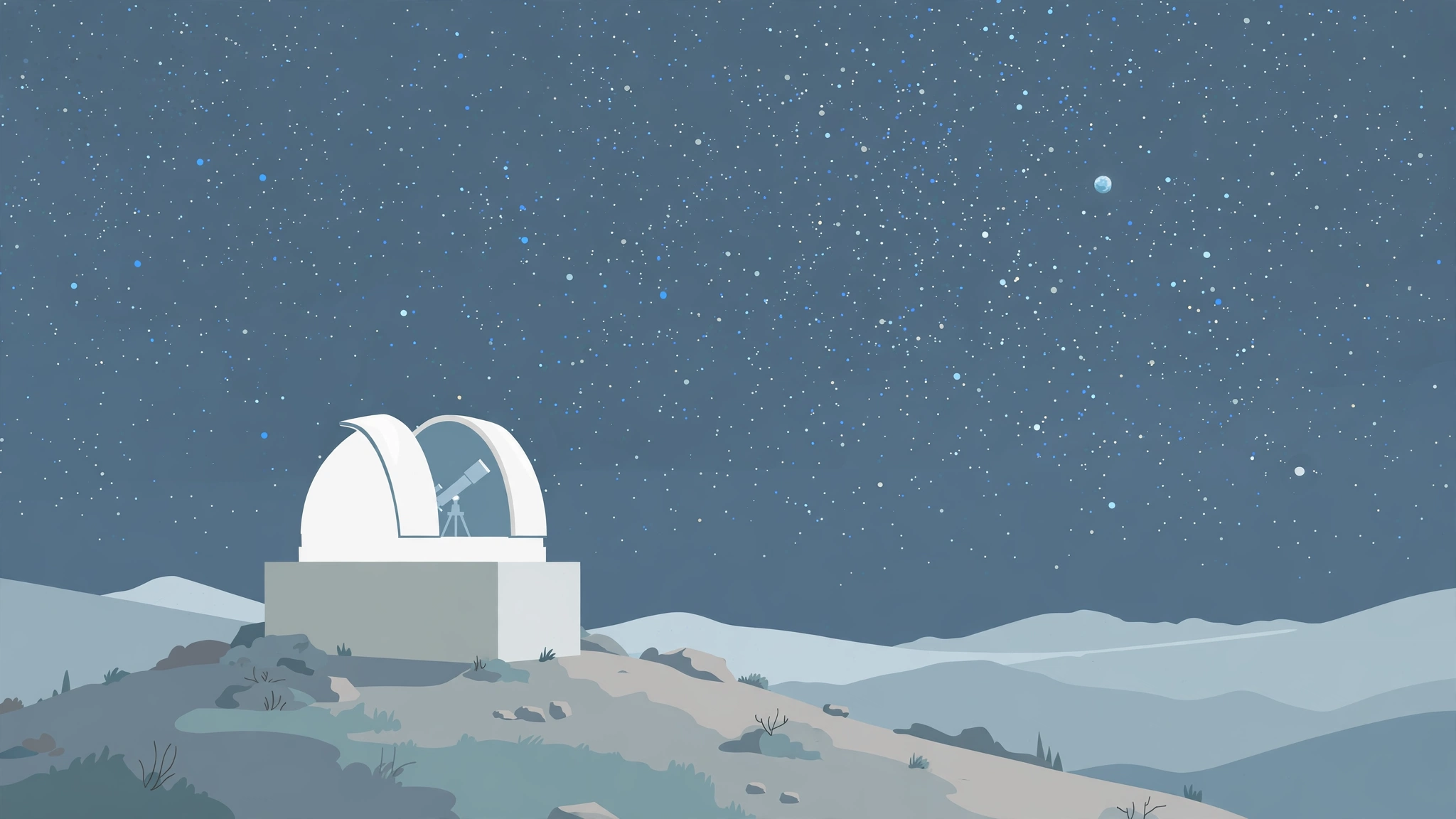Illustration of an observatory dome under a starry night sky