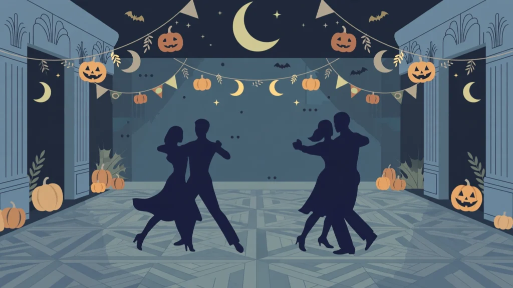 Flat editorial illustration of dancing couples on a Halloween decorated ballroom floor