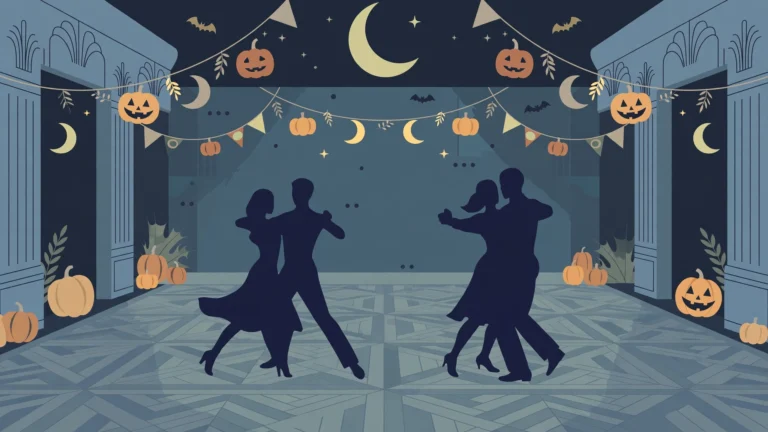 Flat editorial illustration of dancing couples on a Halloween decorated ballroom floor
