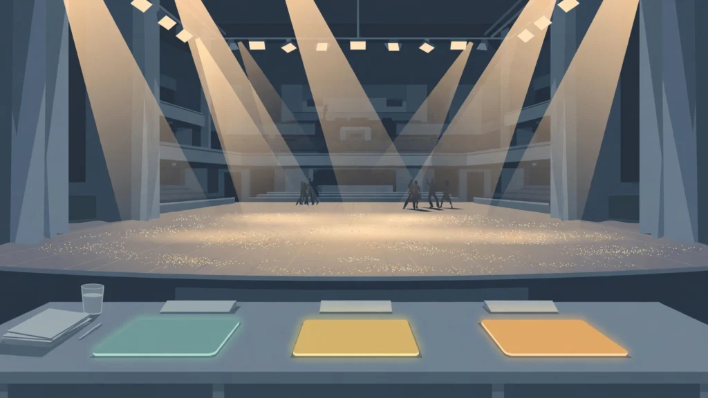 Editorial illustration of a ballroom dance stage under spotlights with judges desk and score paddles