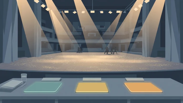 Editorial illustration of a ballroom dance stage under spotlights with judges desk and score paddles