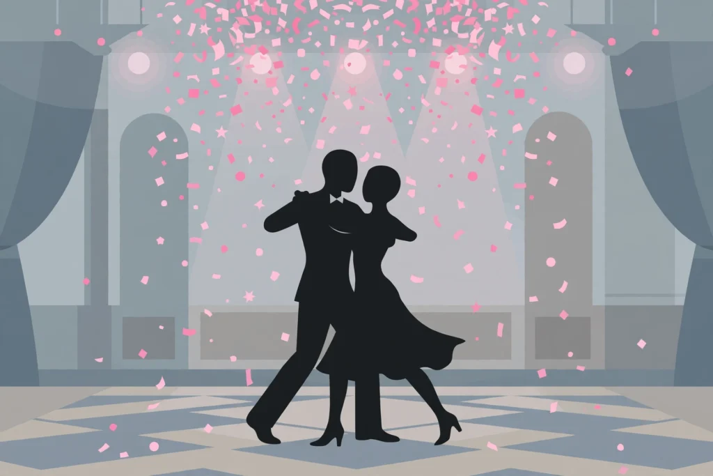 Editorial illustration of dancing silhouettes under pink confetti in a ballroom