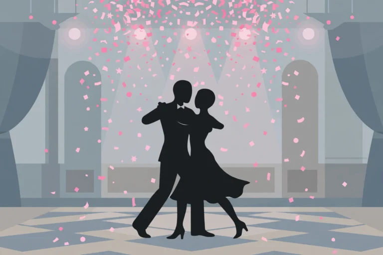 Editorial illustration of dancing silhouettes under pink confetti in a ballroom
