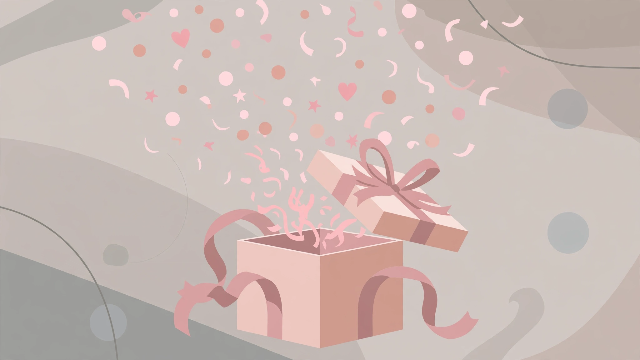Editorial illustration of a gift box with a pink ribbon releasing pink confetti
