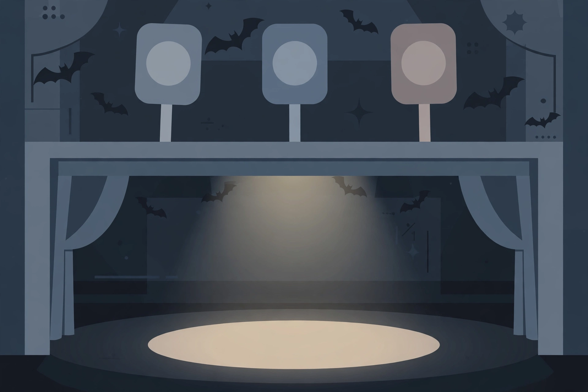 Flat editorial illustration of a stage with judges paddles and a spotlight