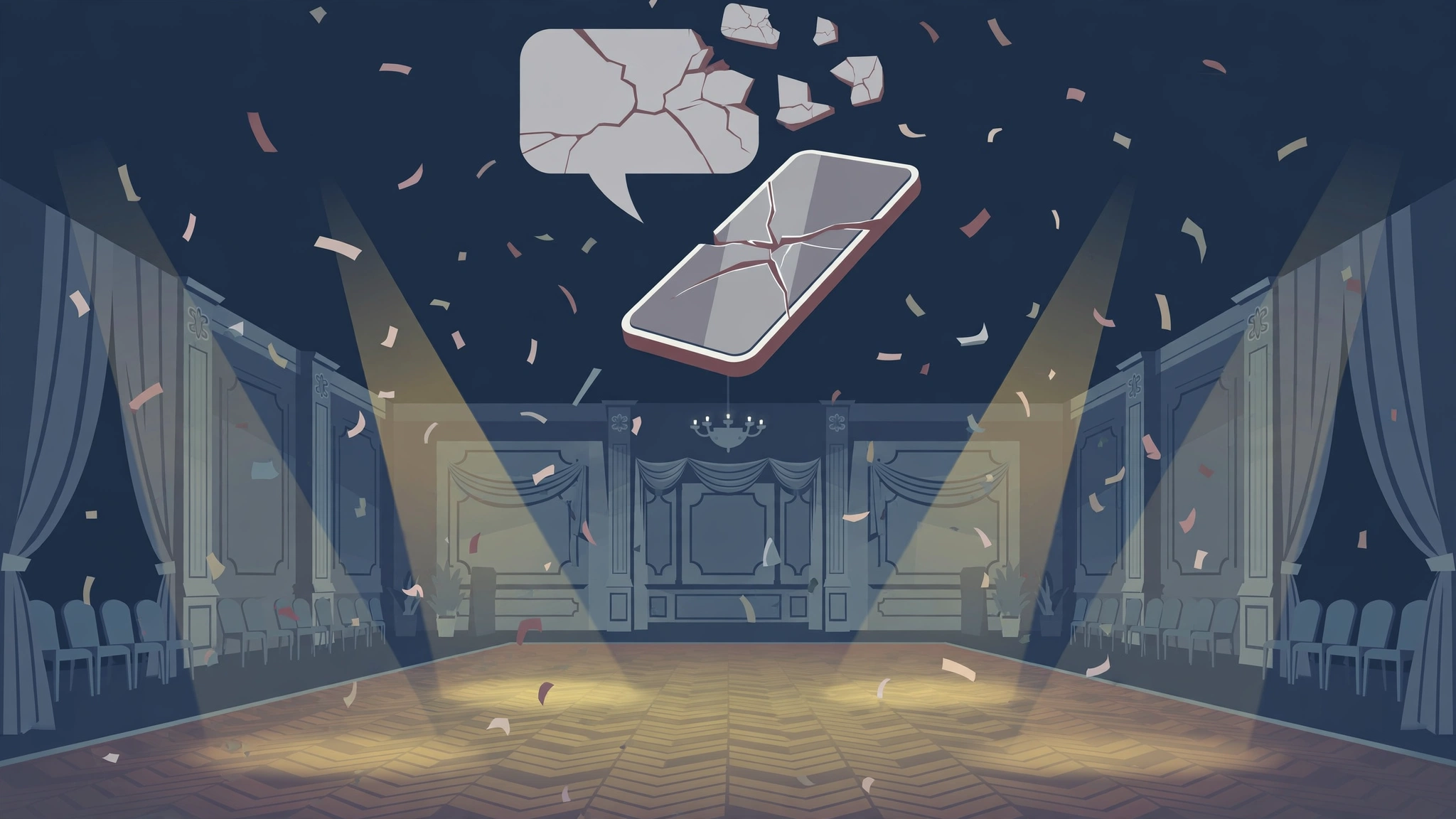 Editorial illustration of a cracked smartphone and speech bubble above a ballroom