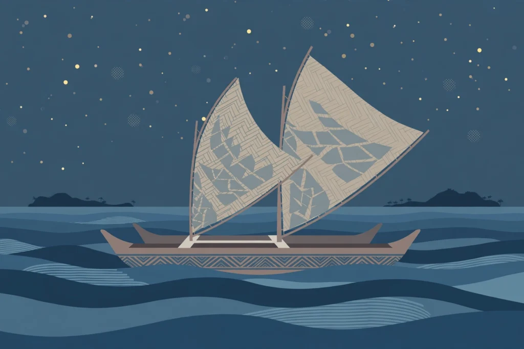 Editorial illustration of a double-hulled voyaging canoe crossing the Pacific under a starry sky