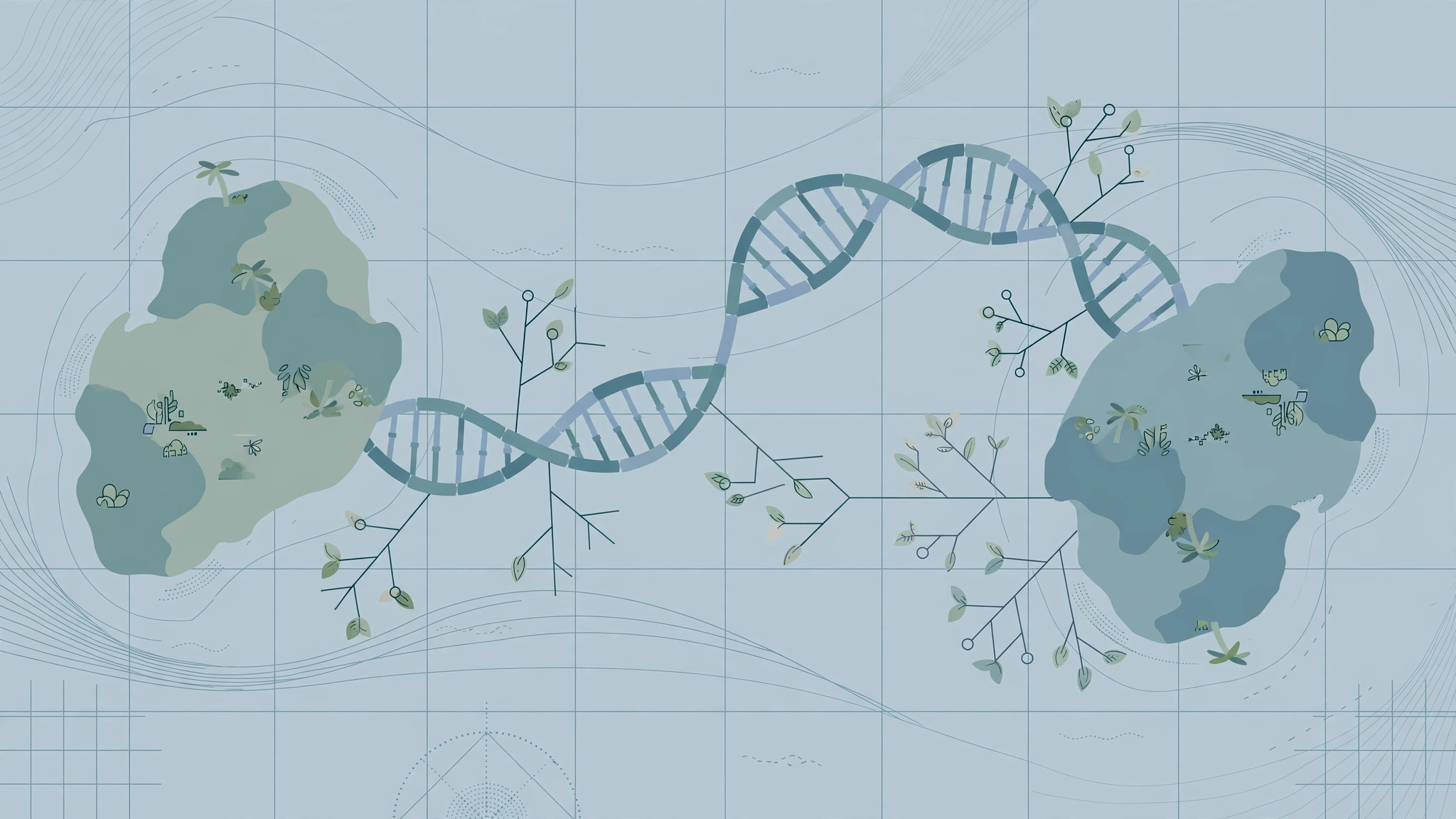 Editorial illustration of DNA strands connecting two stylised island shapes