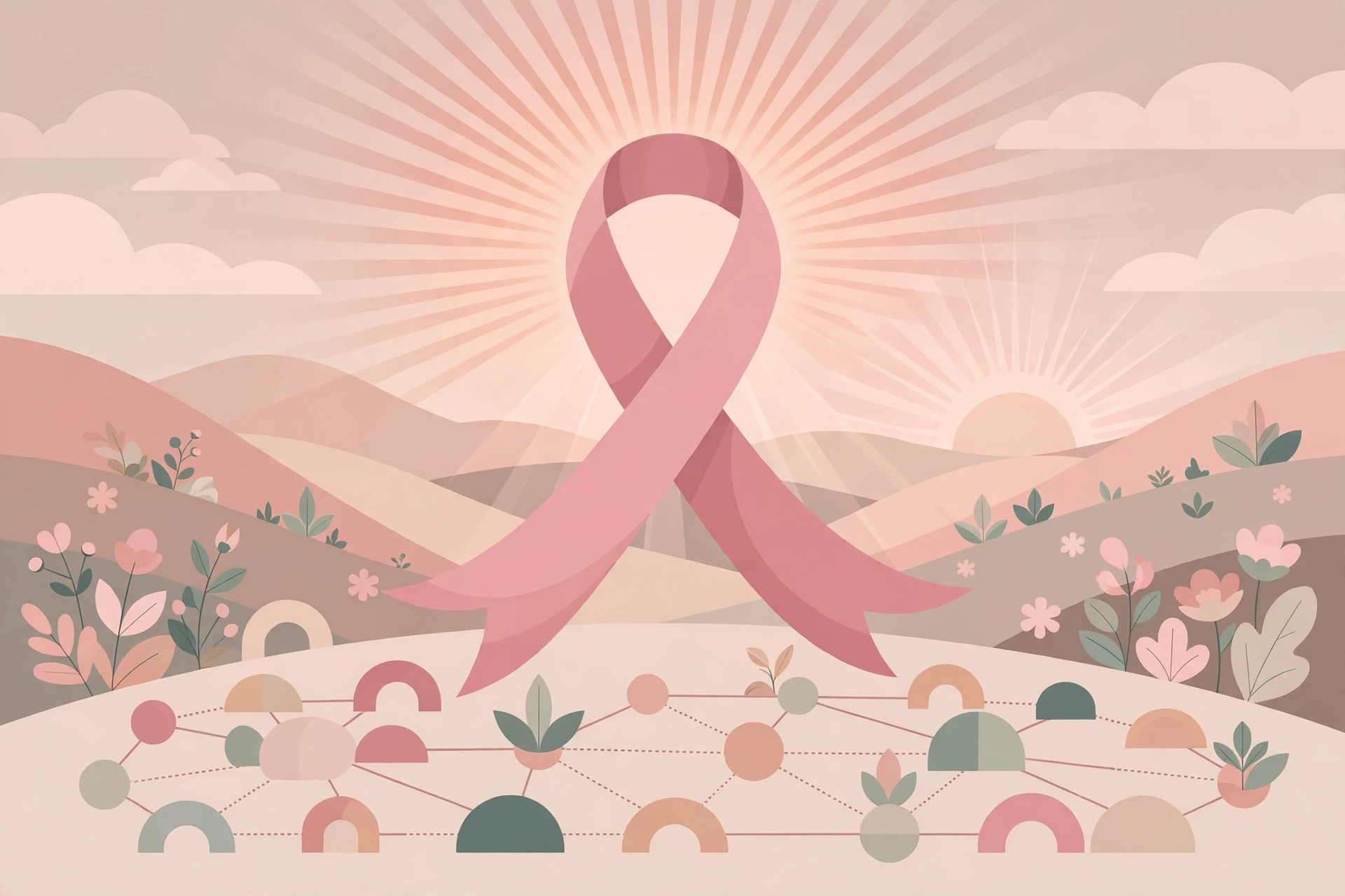 Editorial illustration of a pink breast cancer awareness ribbon rising over a hopeful landscape